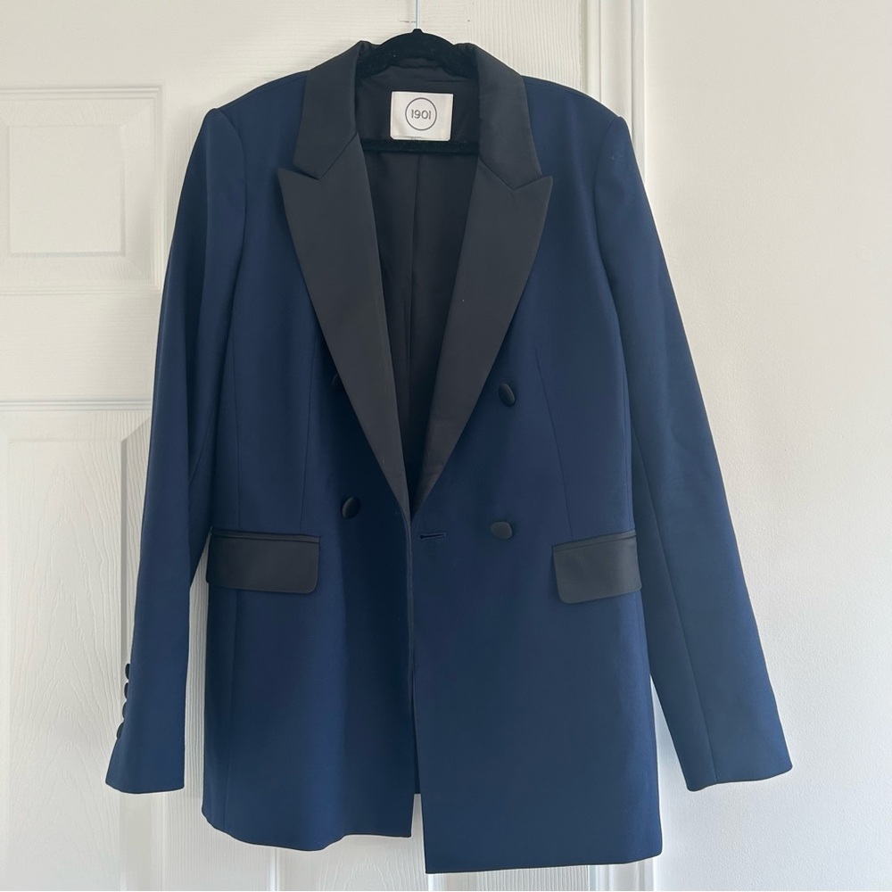 1901 Navy Blue Double-Breasted Blazer with Black Satin Lapel